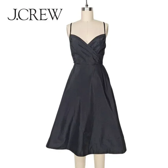 J.Crew Black Silk Taffeta Midi Dress A Line Cocktail Criss Cross Back Lined SZ 8 - Picture 1 of 12